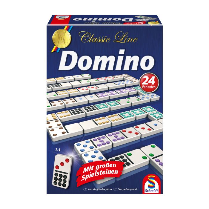 Verpackungsvorderseite aus einem anderen Blickwinkel vom Artikel 49207, Domino mit extra großen Spielsteinen, Classic Line, Familienspiel Verpackungsvorderseite aus einem anderen Blickwinkel vom Artikel 49207, Domino mit extra großen Spielsteinen, Classic Line, Familienspiel
