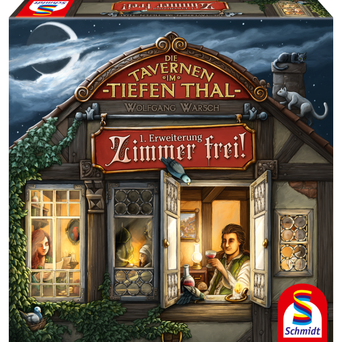 Vorderseite der Verpackung vom Artikel 49391, Die Tavernen im Tiefen Thal, Zimmer frei!, 1. Erweiterung, Familienspiel Vorderseite der Verpackung vom Artikel 49391, Die Tavernen im Tiefen Thal, Zimmer frei!, 1. Erweiterung, Familienspiel