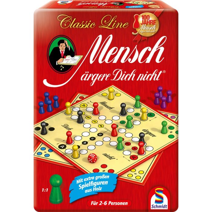 Vorderseite der Verpackung vom Artikel 49439, Mensch ärgere Dich nicht®: Classic Line in Metalldose, Familienspiel Vorderseite der Verpackung vom Artikel 49439, Mensch ärgere Dich nicht®: Classic Line in Metalldose, Familienspiel