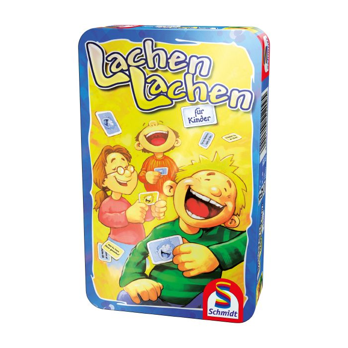 Verpackungsvorderseite aus einem anderen Blickwinkel vom Artikel 51209, Lachen Lachen für Kinder, Reisespiel in der Metalldose