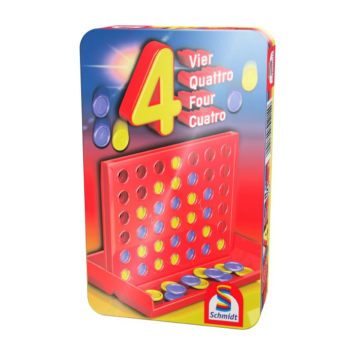 Verpackungsvorderseite aus einem anderen Blickwinkel vom Artikel 51214, Vier, Reisespiel in der Metalldose Verpackungsvorderseite aus einem anderen Blickwinkel vom Artikel 51214, Vier, Reisespiel in der Metalldose