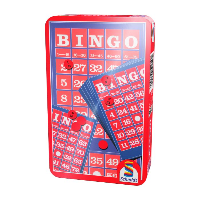 Verpackungsvorderseite aus einem anderen Blickwinkel vom Artikel 51220, Bingo, Reisespiel in der Metalldose Verpackungsvorderseite aus einem anderen Blickwinkel vom Artikel 51220, Bingo, Reisespiel in der Metalldose