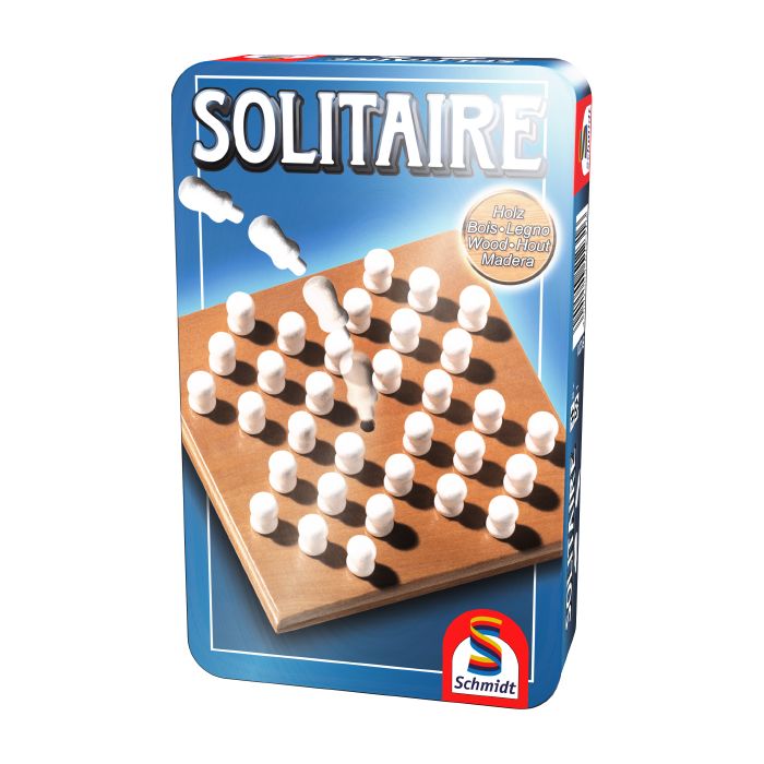 Verpackungsvorderseite aus einem anderen Blickwinkel vom Artikel 51231, Solitaire, Reisespiel in der Metalldose Verpackungsvorderseite aus einem anderen Blickwinkel vom Artikel 51231, Solitaire, Reisespiel in der Metalldose