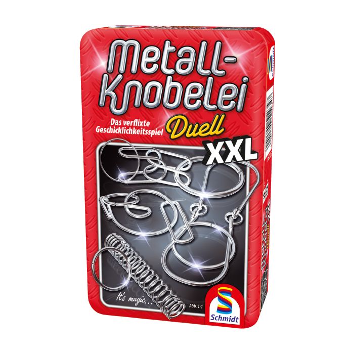 Verpackungsvorderseite aus einem anderen Blickwinkel vom Artikel 51234, Metall-Knobelei XXL, Reisespiel in der Metalldose Verpackungsvorderseite aus einem anderen Blickwinkel vom Artikel 51234, Metall-Knobelei XXL, Reisespiel in der Metalldose