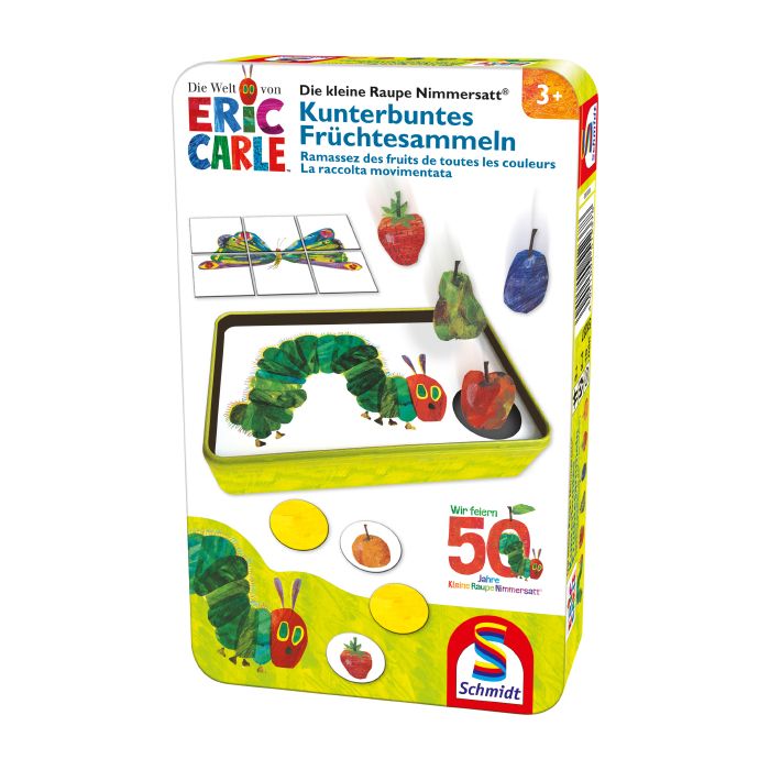 Verpackungsvorderseite aus einem anderen Blickwinkel vom Artikel 51237, Die kleine Raupe Nimmersatt: Kunterbuntes Früchtesammeln, Reisespiel in der Metalldose Verpackungsvorderseite aus einem anderen Blickwinkel vom Artikel 51237, Die kleine Raupe Nimmersatt: Kunterbuntes Früchtesammeln, Reisespiel in der Metalldose