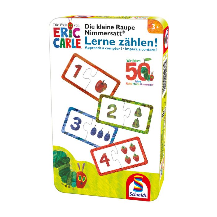Verpackungsvorderseite aus einem anderen Blickwinkel vom Artikel 51238, Die kleine Raupe Nimmersatt: Lerne zählen!, Reisespiel in der Metalldose Verpackungsvorderseite aus einem anderen Blickwinkel vom Artikel 51238, Die kleine Raupe Nimmersatt: Lerne zählen!, Reisespiel in der Metalldose