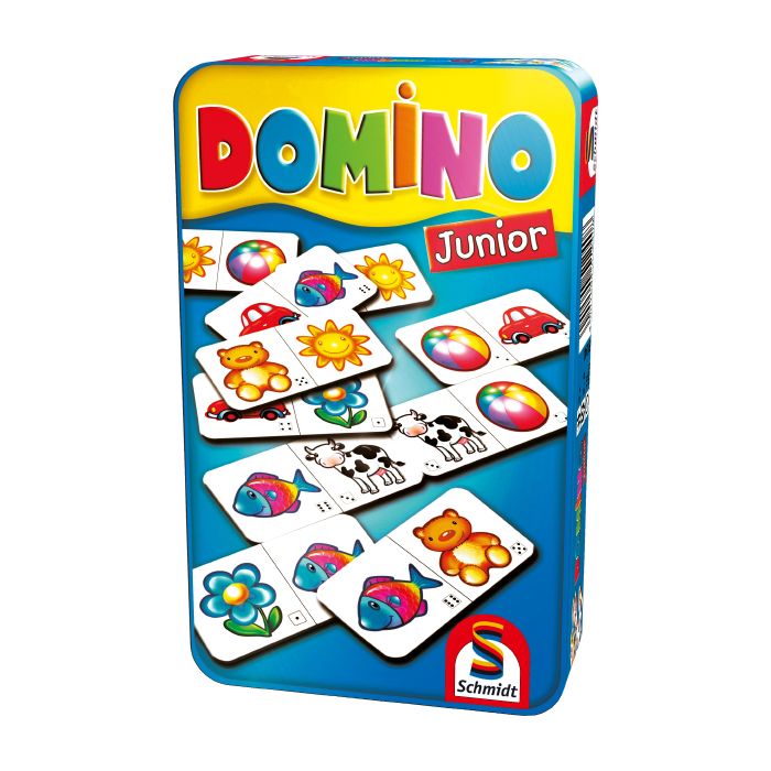 Vorderseite der Verpackung vom Artikel 51240, Domino Junior, Reisespiel in der Metalldose Vorderseite der Verpackung vom Artikel 51240, Domino Junior, Reisespiel in der Metalldose