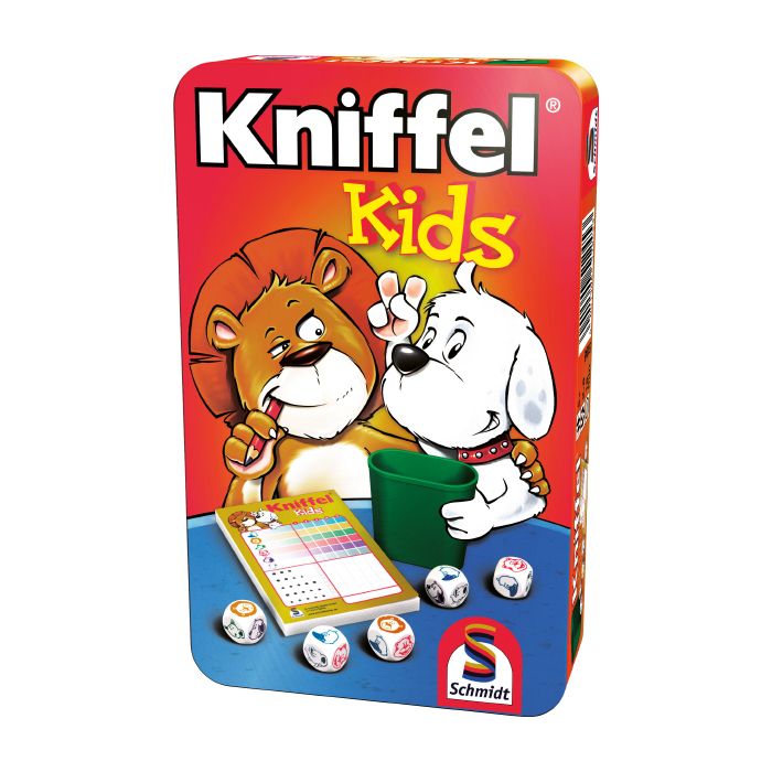 Verpackungsvorderseite aus einem anderen Blickwinkel vom Artikel 51245, Kniffel®: Kids, Reisespiel in der Metalldose Verpackungsvorderseite aus einem anderen Blickwinkel vom Artikel 51245, Kniffel®: Kids, Reisespiel in der Metalldose