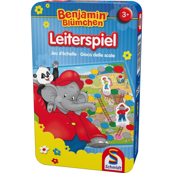 Vorderseite der Verpackung vom Artikel 51280, Benjamin Blümchen: Leiterspiel, Reisespiel in der Metalldose