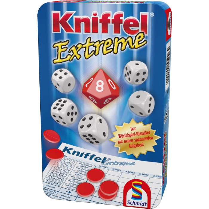 Vorderseite der Verpackung vom Artikel 51296, Kniffel®: Extreme, Reisespiel in der Metalldose Vorderseite der Verpackung vom Artikel 51296, Kniffel®: Extreme, Reisespiel in der Metalldose