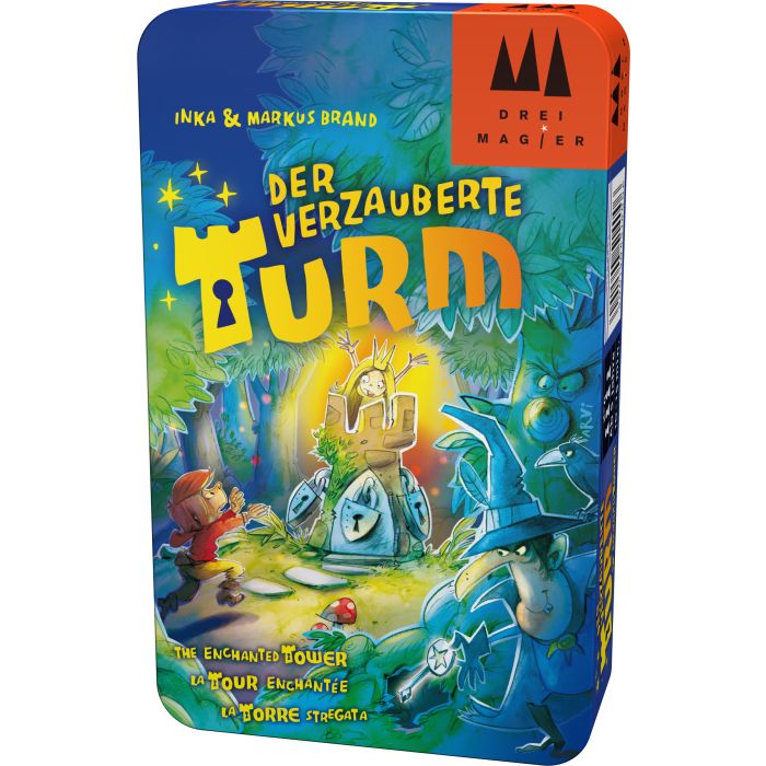 Vorderseite der Verpackung vom Artikel 51400, Drei Magier®: Der verzauberte Turm, Reisespiel in der Metalldose
