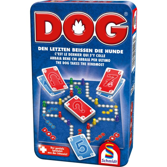 Vorderseite der Verpackung vom Artikel 51428, DOG®, Reisespiel in der Metallbox