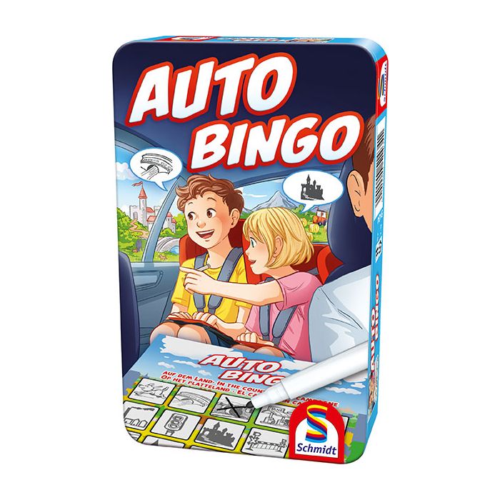 Vorderseite der Verpackung vom Artikel 51434, Auto Bingo, Reisespiel in der Metalldose Vorderseite der Verpackung vom Artikel 51434, Auto Bingo, Reisespiel in der Metalldose
