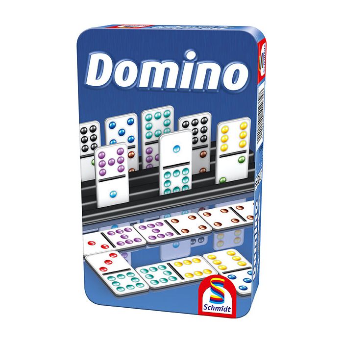 Vorderseite der Verpackung vom Artikel 51435, Domino, Reisespiel in der Metalldose Vorderseite der Verpackung vom Artikel 51435, Domino, Reisespiel in der Metalldose