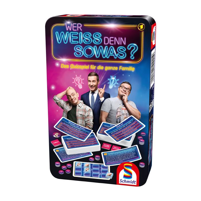 Vorderseite der Verpackung vom Artikel 51441, Wer weiss denn sowas?, Reisespiel in der Metalldose Vorderseite der Verpackung vom Artikel 51441, Wer weiss denn sowas?, Reisespiel in der Metalldose