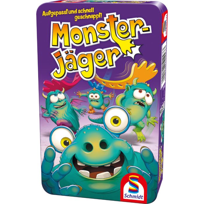 Vorderseite der Verpackung vom Artikel 51443, Monsterjäger, Reisespiel in der Metalldose Vorderseite der Verpackung vom Artikel 51443, Monsterjäger, Reisespiel in der Metalldose