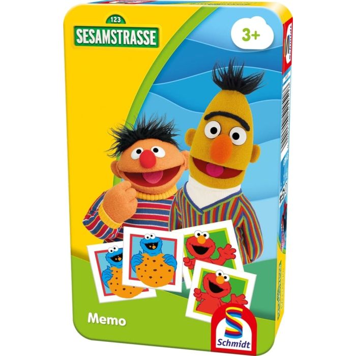 Vorderseite der Verpackung vom Artikel 51451, Sesamstrasse®: Memo, Reisespiel in der Metalldose Vorderseite der Verpackung vom Artikel 51451, Sesamstrasse®: Memo, Reisespiel in der Metalldose