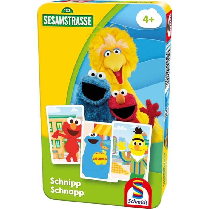 Vorderseite der Verpackung vom Artikel 51452, Sesamstrasse®: Schnipp Schnapp, Reisespiel in der Metalldose Vorderseite der Verpackung vom Artikel 51452, Sesamstrasse®: Schnipp Schnapp, Reisespiel in der Metalldose