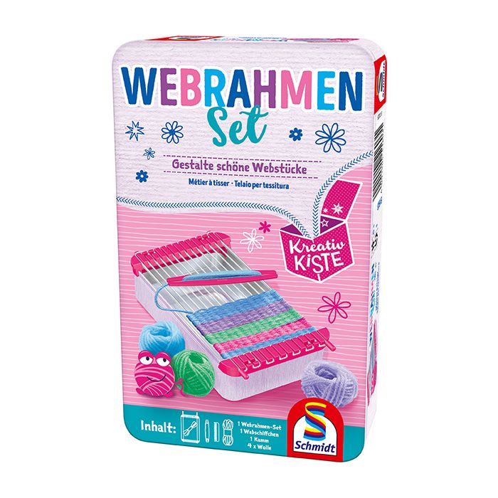 Vorderseite der Verpackung vom Artikel 51603, Kreativkiste - Webrahmen Set, Reisespiel in der Metalldose Vorderseite der Verpackung vom Artikel 51603, Kreativkiste - Webrahmen Set, Reisespiel in der Metalldose