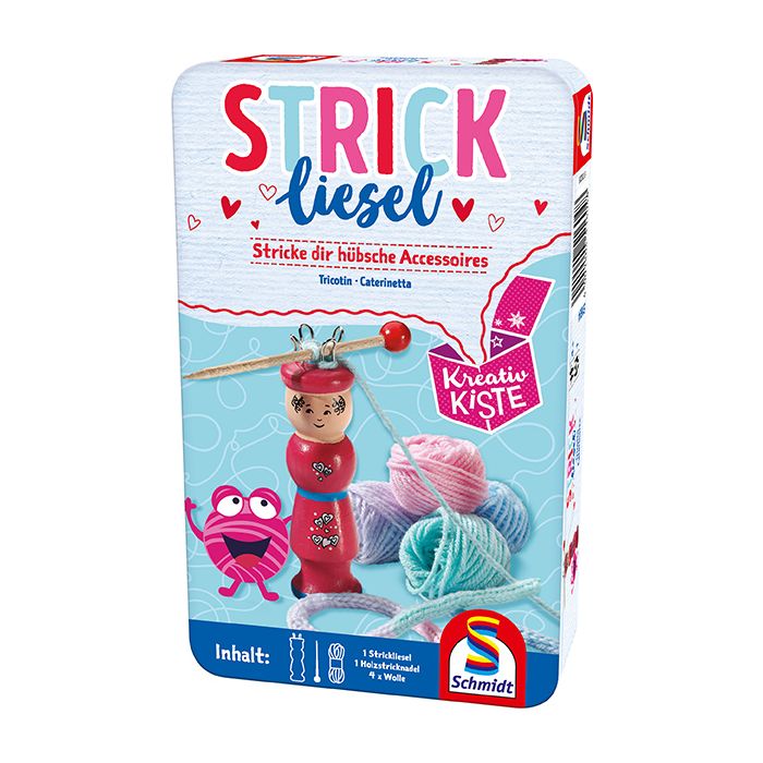 Vorderseite der Verpackung vom Artikel 51604, Kreativkiste - Strickliesel, Reisespiel in der Metalldose Vorderseite der Verpackung vom Artikel 51604, Kreativkiste - Strickliesel, Reisespiel in der Metalldose