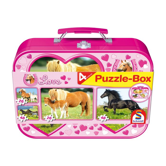 Verpackungsvorderseite aus einem anderen Blickwinkel vom Artikel 55588, Pferde im Metallkoffer mit 4 Kinderpuzzles (2 x 26 und 2 x 48 Teile) Verpackungsvorderseite aus einem anderen Blickwinkel vom Artikel 55588, Pferde im Metallkoffer mit 4 Kinderpuzzles (2 x 26 und 2 x 48 Teile)