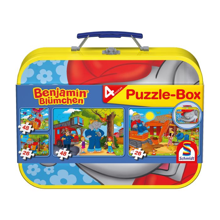Verpackungsvorderseite aus einem anderen Blickwinkel vom Artikel 55594, Benjamin Blümchen: im Metallkoffer mit 4 Kinderpuzzles (2 x 26 und 2 x 48 Teile) Verpackungsvorderseite aus einem anderen Blickwinkel vom Artikel 55594, Benjamin Blümchen: im Metallkoffer mit 4 Kinderpuzzles (2 x 26 und 2 x 48 Teile)