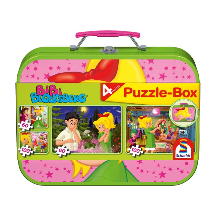Verpackungsvorderseite aus einem anderen Blickwinkel vom Artikel 55595, Bibi Blocksberg: im Metallkoffer mit 4 Kinderpuzzles mit 4 Kinderpuzzle (2 x 60 Teile & 2 x 100 Teile) Verpackungsvorderseite aus einem anderen Blickwinkel vom Artikel 55595, Bibi Blocksberg: im Metallkoffer mit 4 Kinderpuzzles mit 4 Kinderpuzzle (2 x 60 Teile & 2 x 100 Teile)