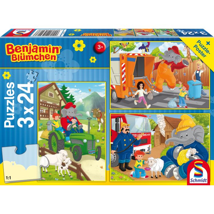 Vorderseite der Verpackung vom Artikel 56207, Benjamin Blümchen: In Aktion, 3x24-teiliges Kinderpuzzle Vorderseite der Verpackung vom Artikel 56207, Benjamin Blümchen: In Aktion, 3x24-teiliges Kinderpuzzle