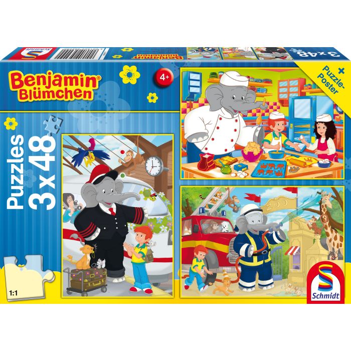 Vorderseite der Verpackung vom Artikel 56209, Benjamin Blümchen: Immer im Einsatz, 3x48-teiliges Kinderpuzzle Vorderseite der Verpackung vom Artikel 56209, Benjamin Blümchen: Immer im Einsatz, 3x48-teiliges Kinderpuzzle