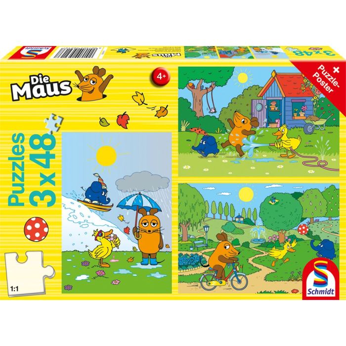 Vorderseite der Verpackung vom Artikel 56213, Die Maus: Viel Spaß mit der Maus, 3x48-teiliges Kinderpuzzle