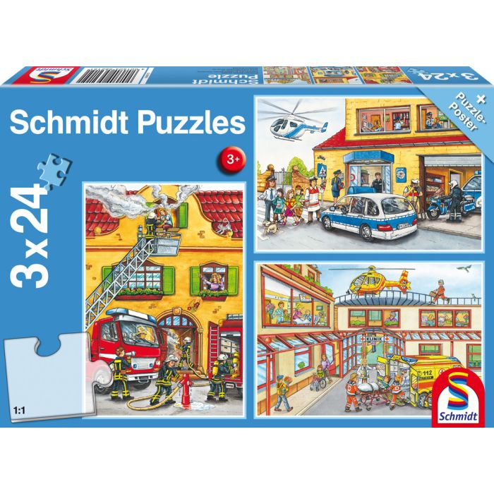 Vorderseite der Verpackung vom Artikel 56215, Feuerwehr & Polizei, 3x24-teiliges Kinderpuzzle