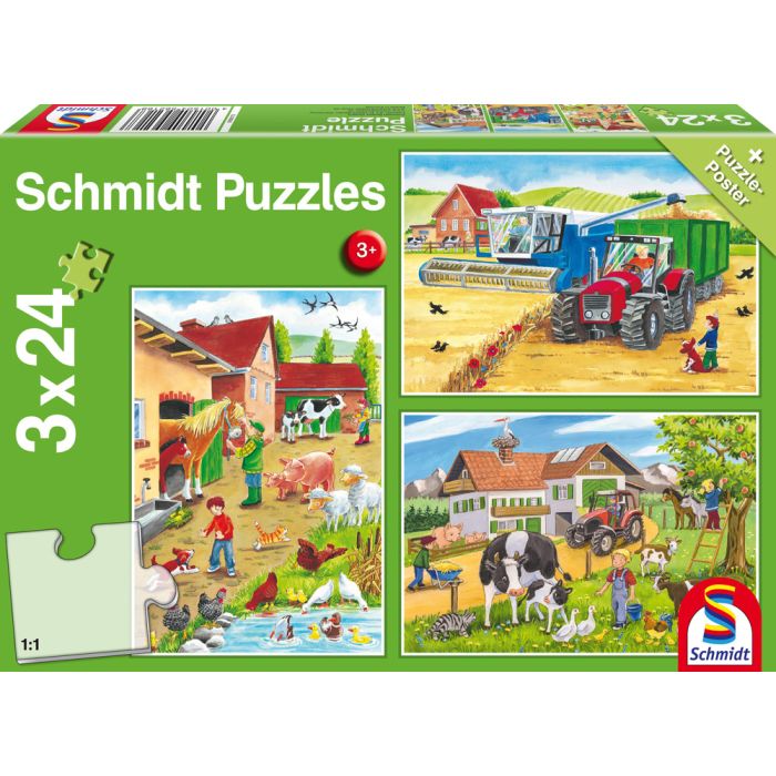 Vorderseite der Verpackung vom Artikel 56216, Auf dem Bauernhof, 3x24-teiliges Kinderpuzzle