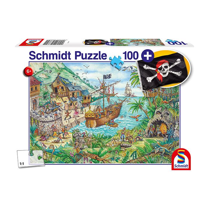 Vorderseite der Verpackung vom Artikel 56330, In der Piratenbucht, 100 Teile Kinderpuzzle mit Add-on (Piratenflagge) Vorderseite der Verpackung vom Artikel 56330, In der Piratenbucht, 100 Teile Kinderpuzzle mit Add-on (Piratenflagge)