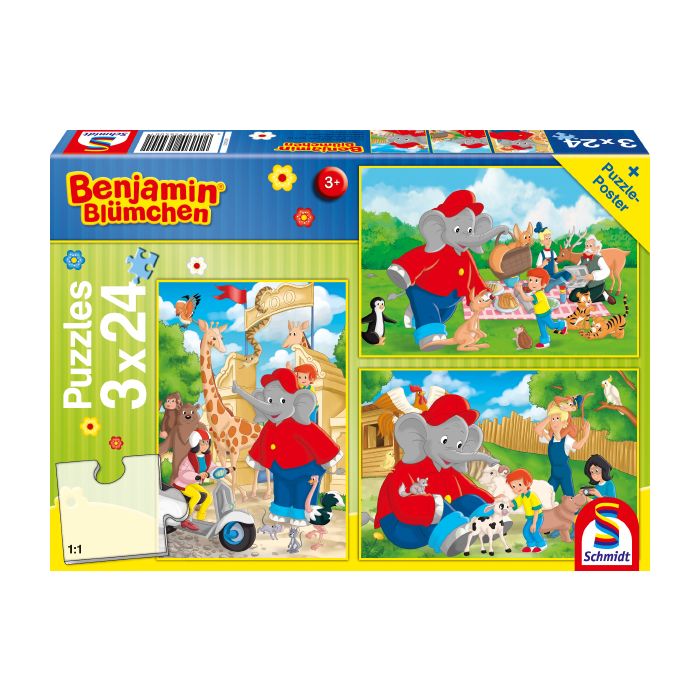 Vorderseite der Verpackung vom Artikel 56400, Benjamin Blümchen: Im Zoo, 3x24-teiliges Kinderpuzzle Vorderseite der Verpackung vom Artikel 56400, Benjamin Blümchen: Im Zoo, 3x24-teiliges Kinderpuzzle