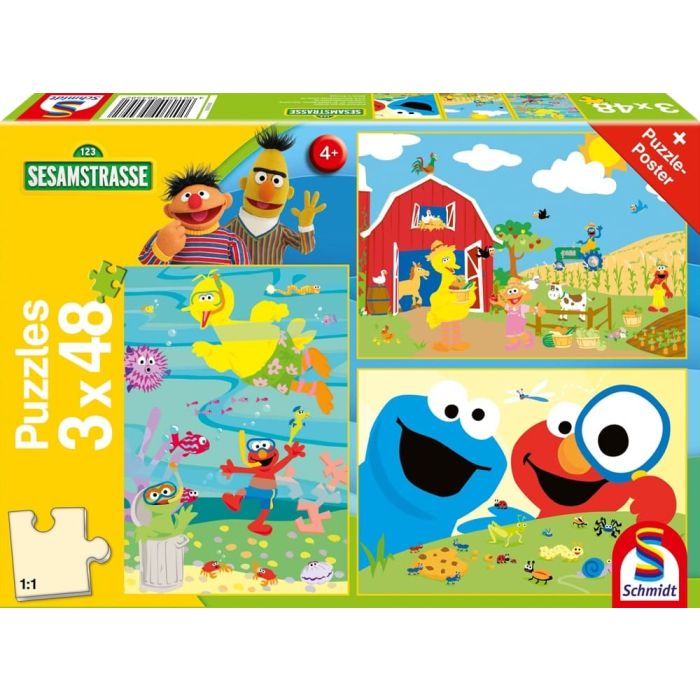 Vorderseite der Verpackung vom Artikel 56458, Sesamstrasse®:  Tierisch stark, 3x48-teiliges Kinderpuzzle