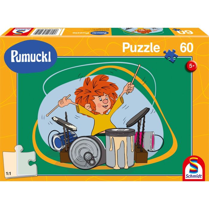 Vorderseite der Verpackung vom Artikel 56491, Pumuckl: Pumuckl spielt Schlagzeug, 60 Teile Kinderpuzzle Vorderseite der Verpackung vom Artikel 56491, Pumuckl: Pumuckl spielt Schlagzeug, 60 Teile Kinderpuzzle