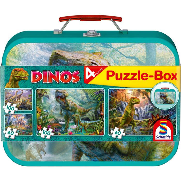 Vorderseite der Verpackung vom Artikel 56495, Dinos im Metallkoffer mit 4 Kinderpuzzles (2 x 60, 2 x 100 Teile) Vorderseite der Verpackung vom Artikel 56495, Dinos im Metallkoffer mit 4 Kinderpuzzles (2 x 60, 2 x 100 Teile)