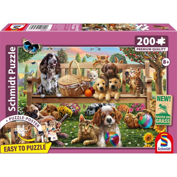 Vorderseite der Verpackung vom Artikel 56534, Gartenpicknick für Hund und Katze, 200 Teile, Eco-Friendly, Gras Kinderpuzzle Vorderseite der Verpackung vom Artikel 56534, Gartenpicknick für Hund und Katze, 200 Teile, Eco-Friendly, Gras Kinderpuzzle