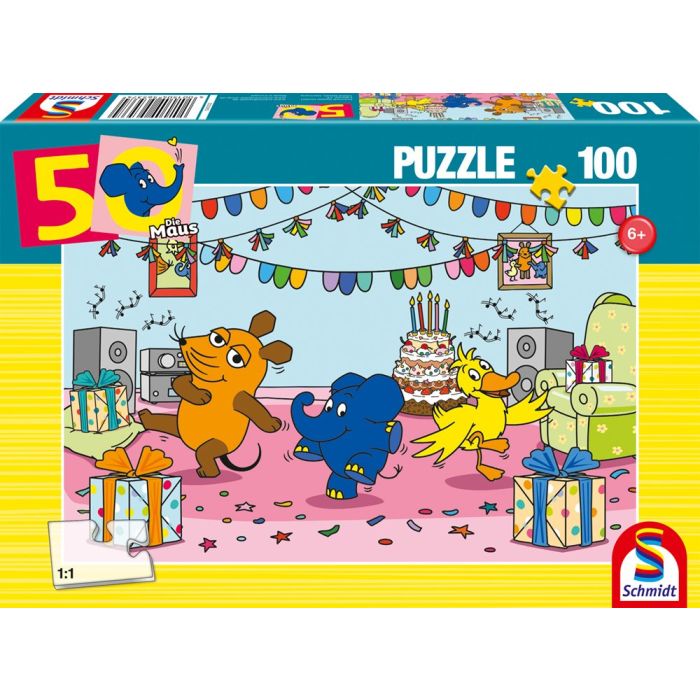 Vorderseite der Verpackung vom Artikel 56537, Die Maus: Elefantastische Party, 100 Teile Kinderpuzzle