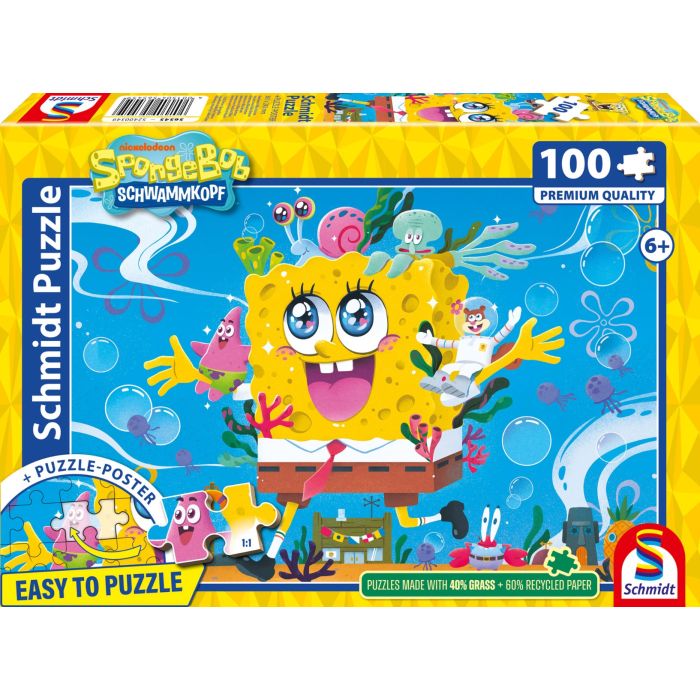 Vorderseite der Verpackung vom Artikel 56545, SpongeBob Schwammkopf: Abenteuer in Bikinibottom, 100 Teile Kinderpuzzle Vorderseite der Verpackung vom Artikel 56545, SpongeBob Schwammkopf: Abenteuer in Bikinibottom, 100 Teile Kinderpuzzle