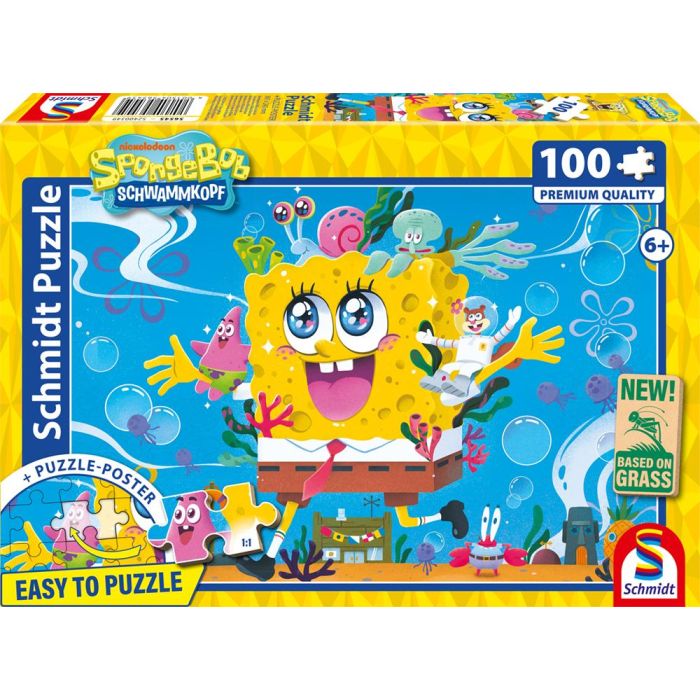 Vorderseite der Verpackung vom Artikel 56545, SpongeBob Schwammkopf: Abenteuer in Bikinibottom, 100 Teile, Eco-Friendly, Gras Kinderpuzzle Vorderseite der Verpackung vom Artikel 56545, SpongeBob Schwammkopf: Abenteuer in Bikinibottom, 100 Teile, Eco-Friendly, Gras Kinderpuzzle