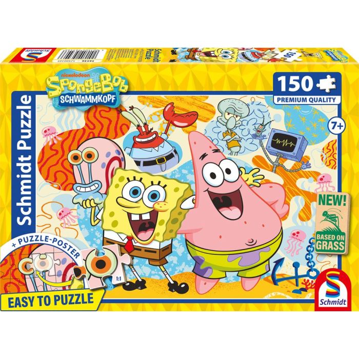 Vorderseite der Verpackung vom Artikel 56546, SpongeBob Schwammkopf: Spongebob und Freunde, 150 Teile, Eco-Friendly, Gras Kinderpuzzle Vorderseite der Verpackung vom Artikel 56546, SpongeBob Schwammkopf: Spongebob und Freunde, 150 Teile, Eco-Friendly, Gras Kinderpuzzle