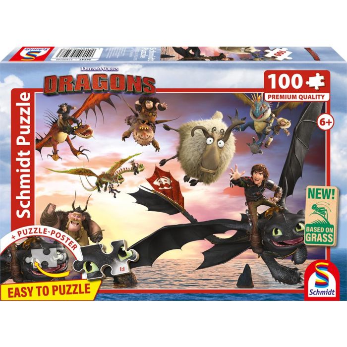 Vorderseite der Verpackung vom Artikel 56547, DRAGONS: Drachenreiter in Aktion, 100 Teile, Eco-Friendly, Gras Kinderpuzzle Vorderseite der Verpackung vom Artikel 56547, DRAGONS: Drachenreiter in Aktion, 100 Teile, Eco-Friendly, Gras Kinderpuzzle