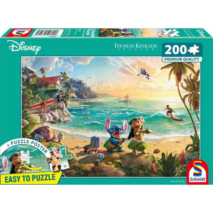 Vorderseite der Verpackung vom Artikel 56557, Thomas Kinkade Studios: Disney - Lilo & Stitch, 200 Teile, Eco-Friendly, Gras Puzzle
