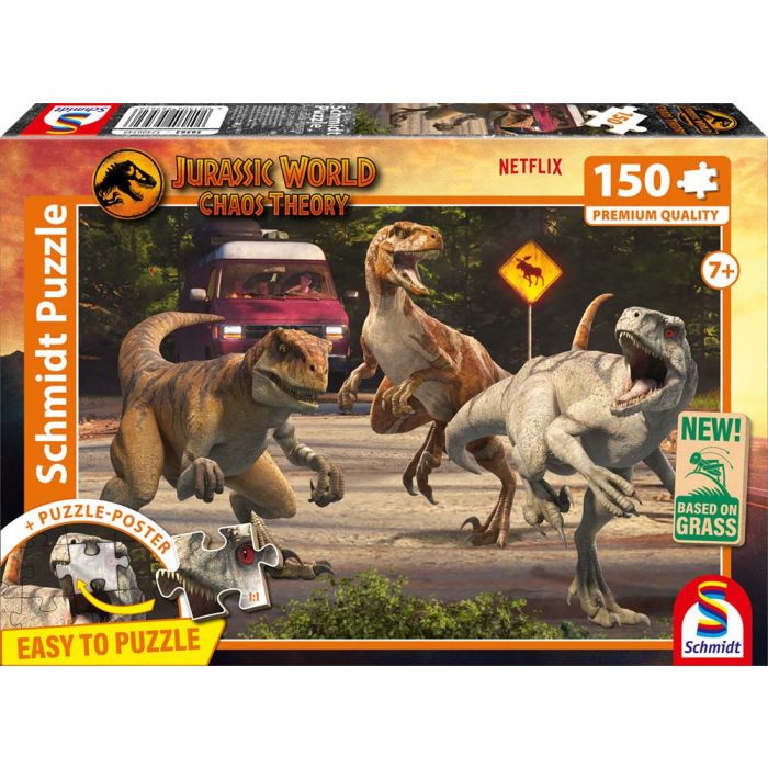 Vorderseite der Verpackung vom Artikel 56562, Jurassic World: Chaos Theory - Angriff der Velociraptoren, 150 Teile, Eco-Friendly, Gras Kinderpuzzle Vorderseite der Verpackung vom Artikel 56562, Jurassic World: Chaos Theory - Angriff der Velociraptoren, 150 Teile, Eco-Friendly, Gras Kinderpuzzle