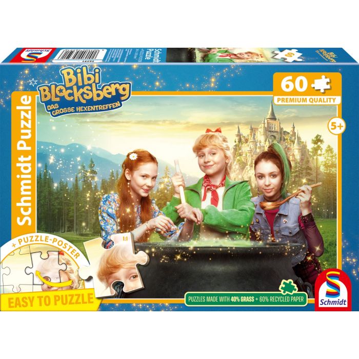Vorderseite der Verpackung vom Artikel 56591, Bibi Blocksberg: Das große Hexentreffen, Junghexen am Kessel, 60 Teile Kinderpuzzle