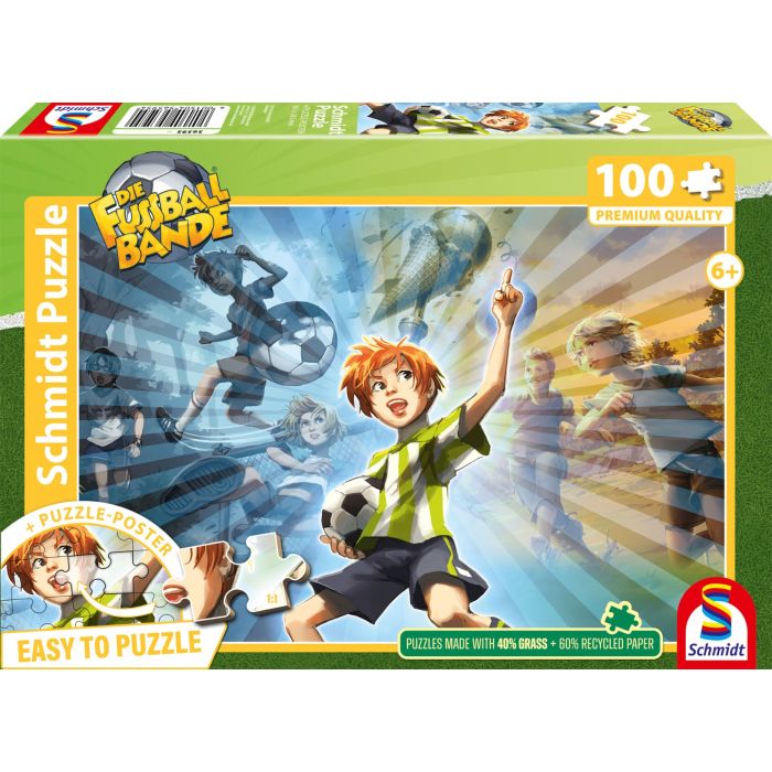 Vorderseite der Verpackung vom Artikel 56595, Die Fussballbande: Kampfgeist, 100 Teile Kinderpuzzle