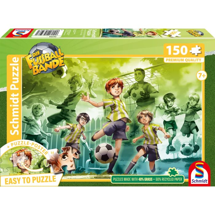Vorderseite der Verpackung vom Artikel 56596, Die Fussballbande: Am Ball bleiben, 150 Teile Kinderpuzzle