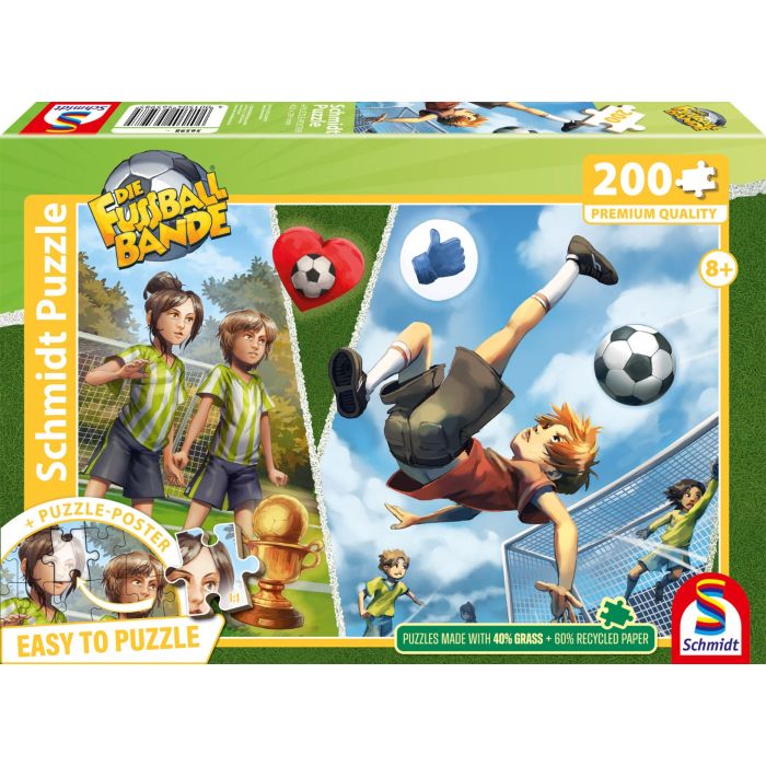 Vorderseite der Verpackung vom Artikel 56598, Die Fussballbande: Leons Fallrückzieher, 200 Teile Kinderpuzzle Vorderseite der Verpackung vom Artikel 56598, Die Fussballbande: Leons Fallrückzieher, 200 Teile Kinderpuzzle