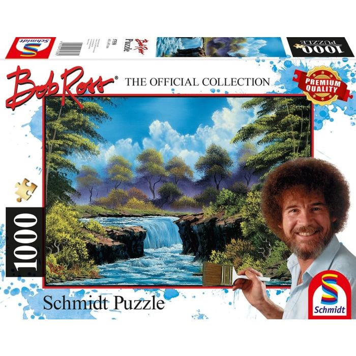 Vorderseite der Verpackung vom Artikel 57538, Bob Ross: Wasserfall auf der Lichtung, 1.000 Teile Puzzle Vorderseite der Verpackung vom Artikel 57538, Bob Ross: Wasserfall auf der Lichtung, 1.000 Teile Puzzle